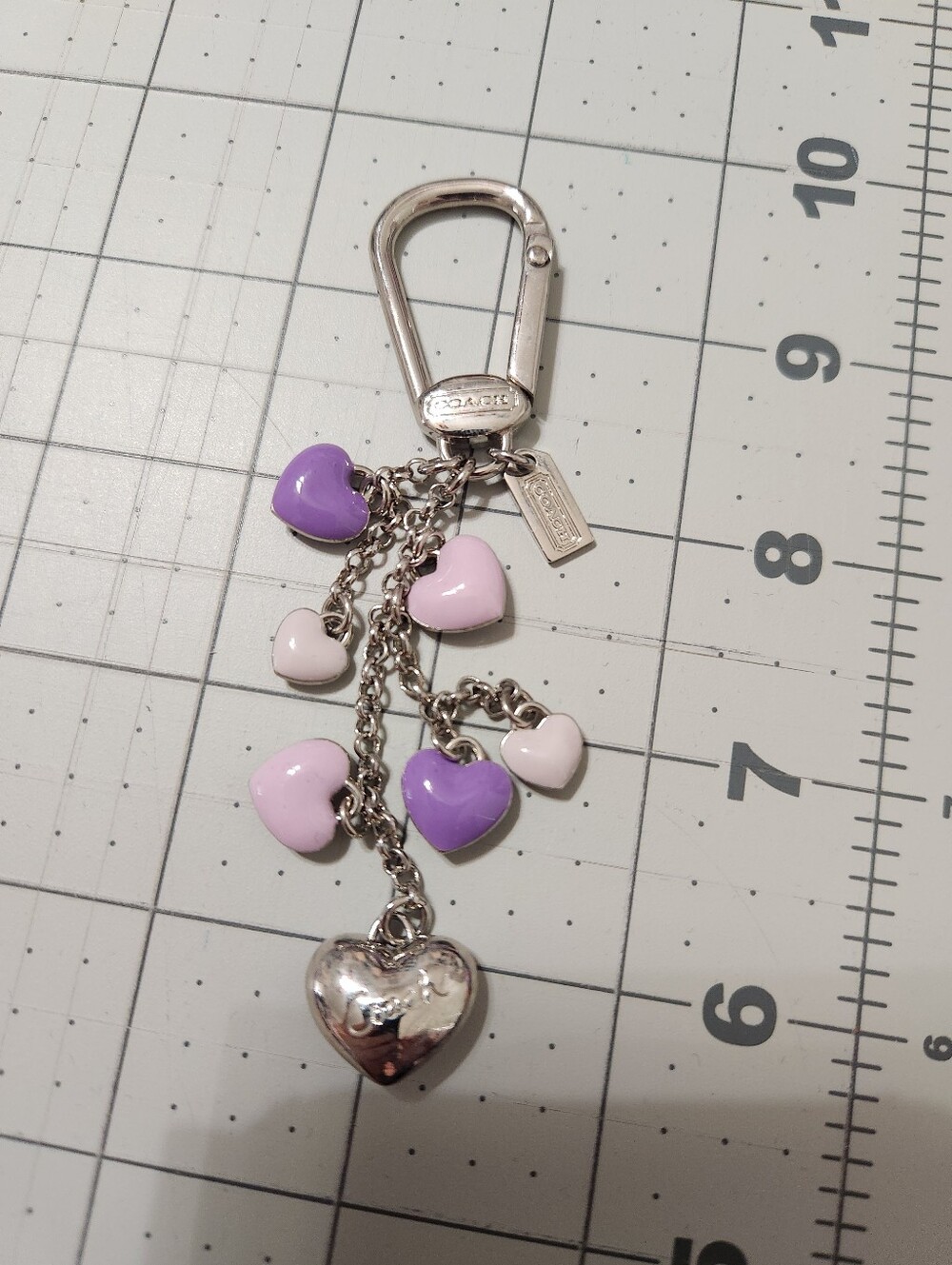 COACH Silver-tone Heart Charm Keychain with Pink & Purple Enamel Hearts